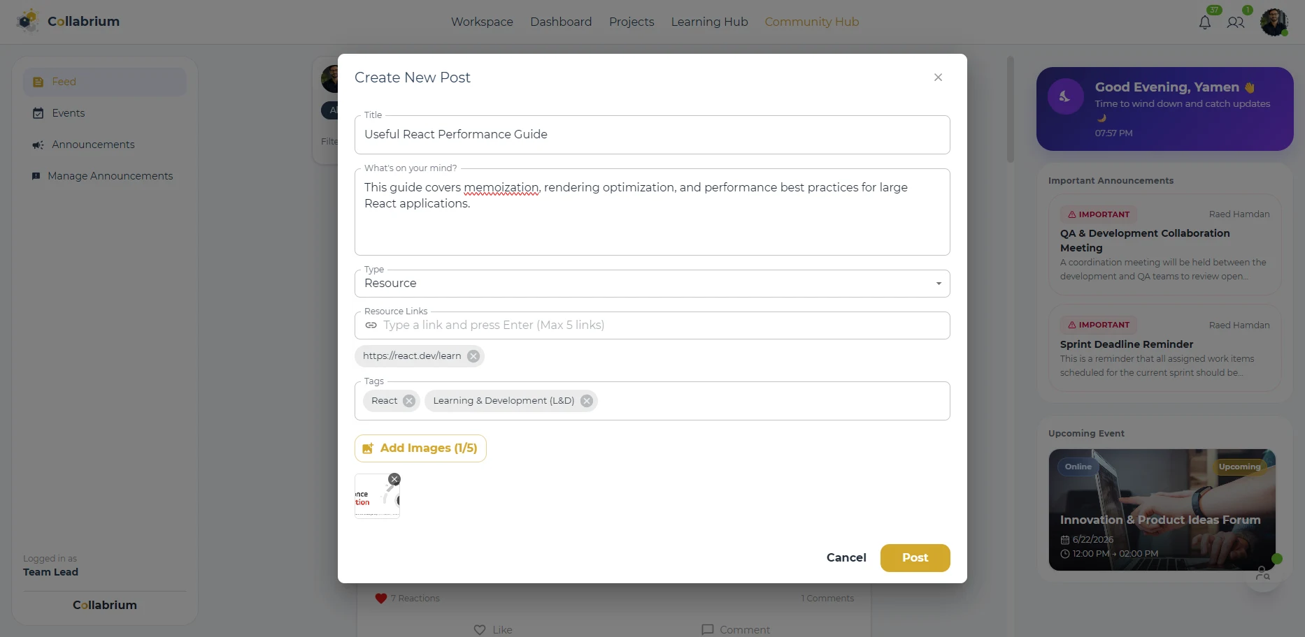CommunityHub / Create Post Dialog