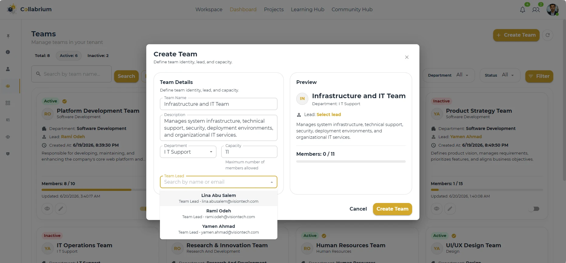 TeamManagement / Create Team Dialog