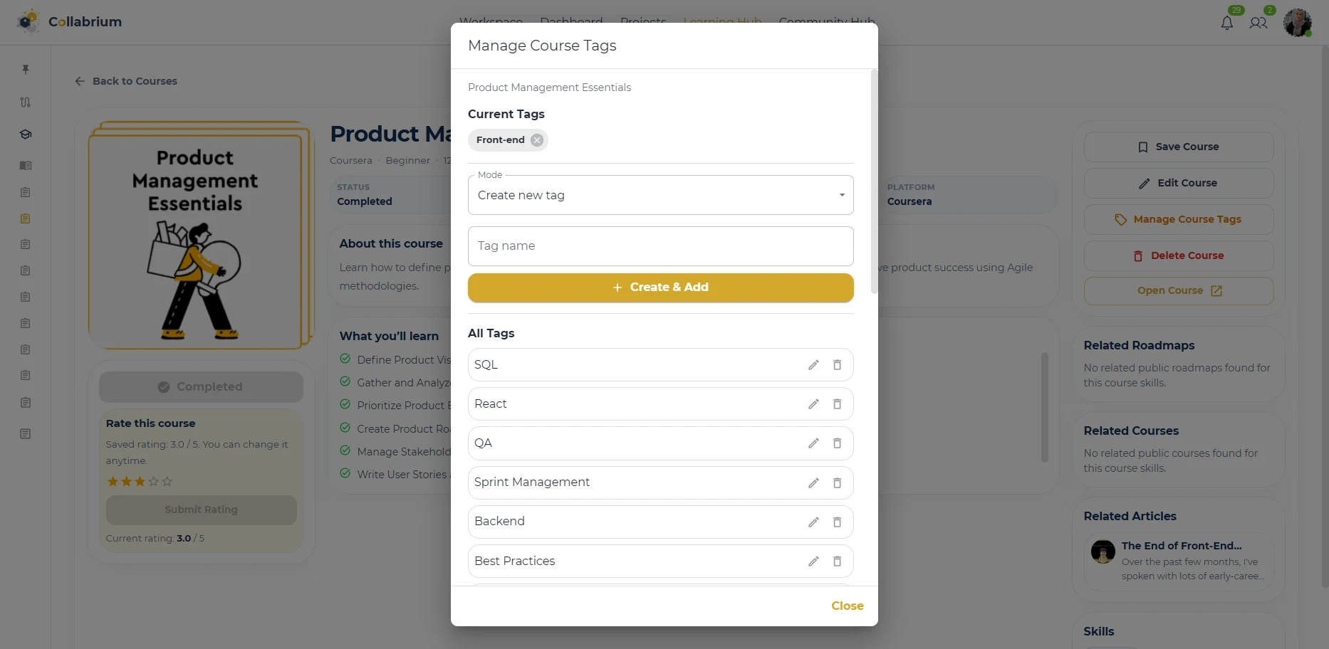 LearningHub / Manage Course Tags Dialog