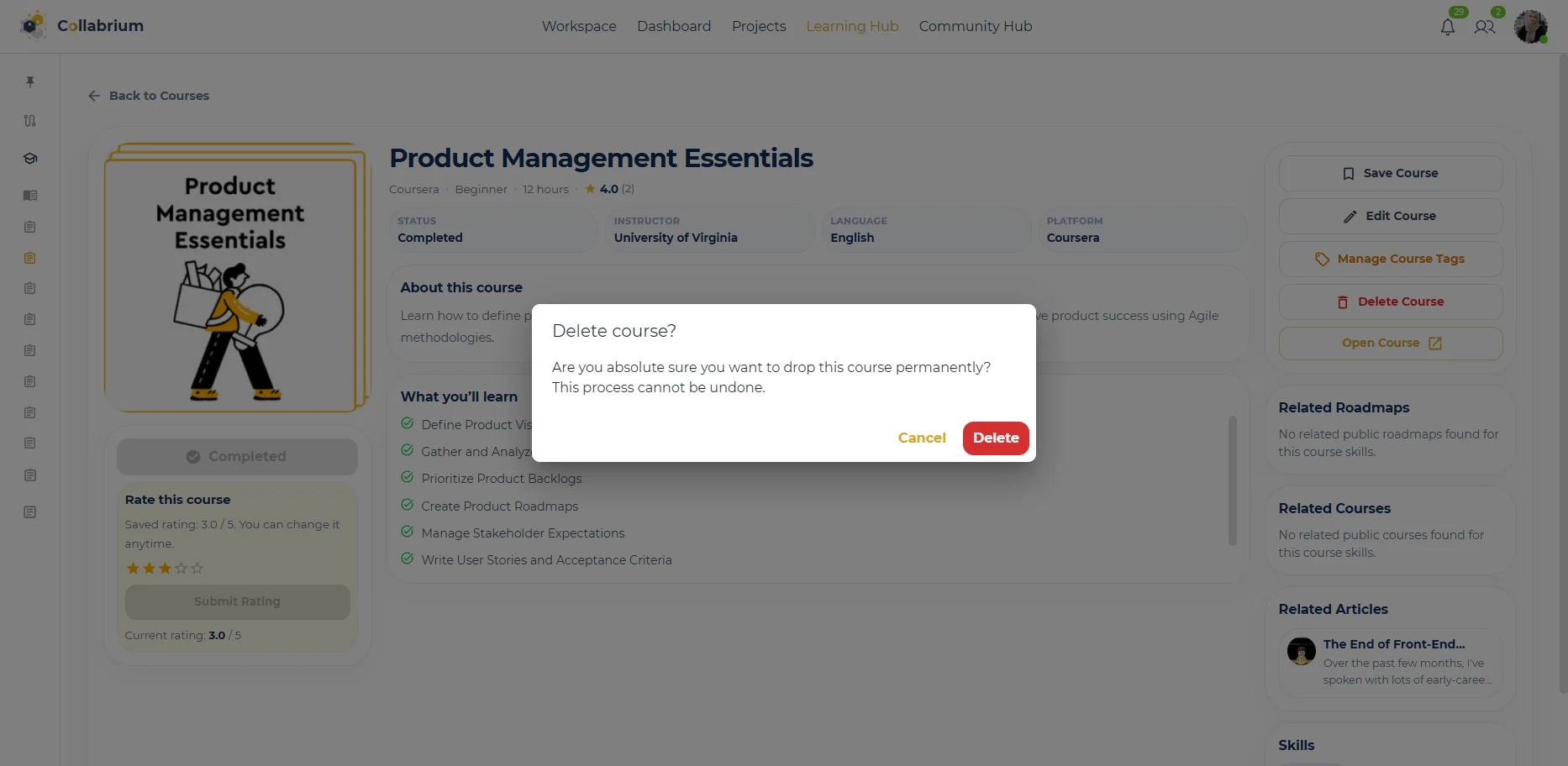 LearningHub / Delete Course Confirm Dialog