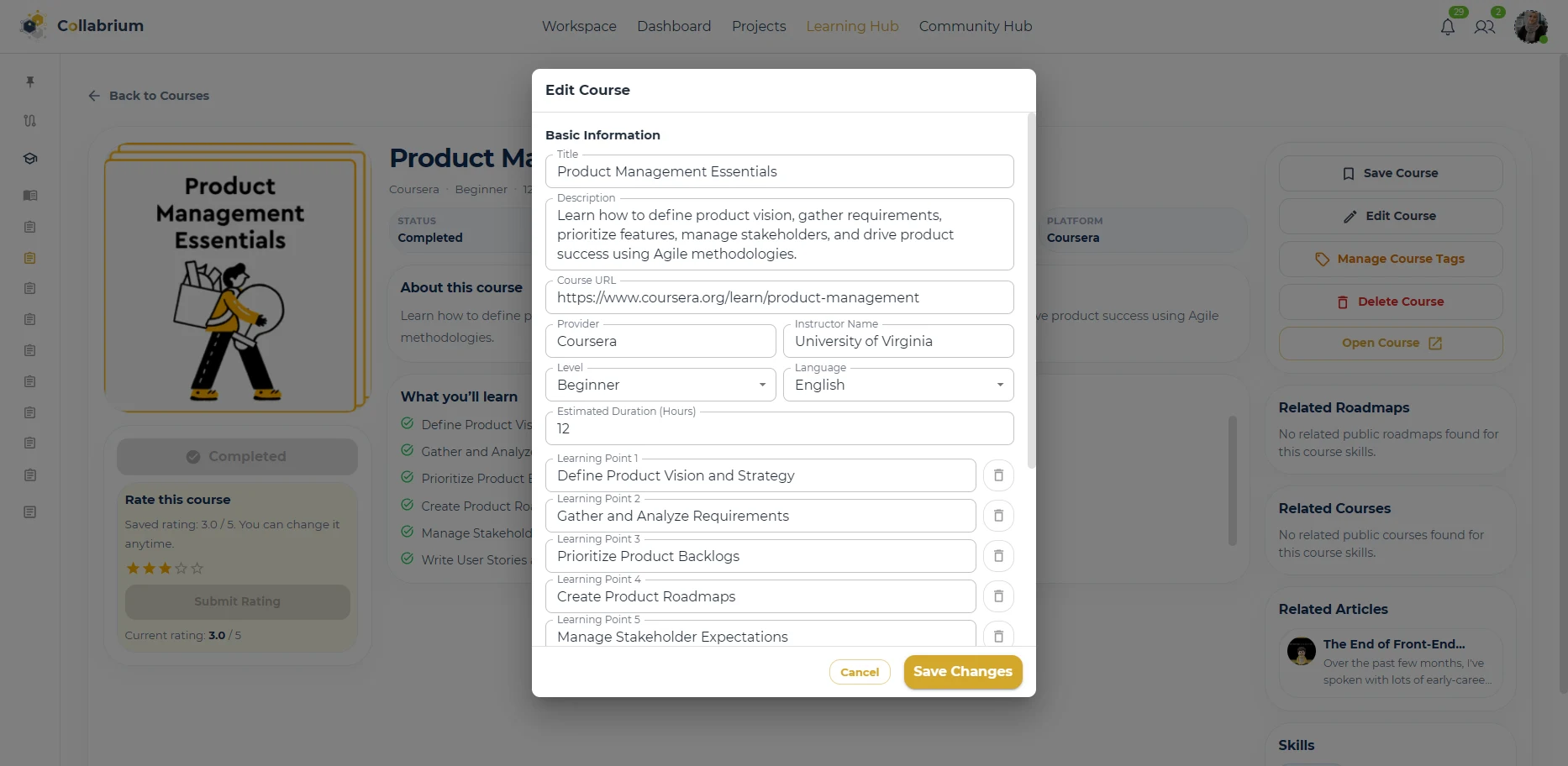 LearningHub / Edit Course Dialog