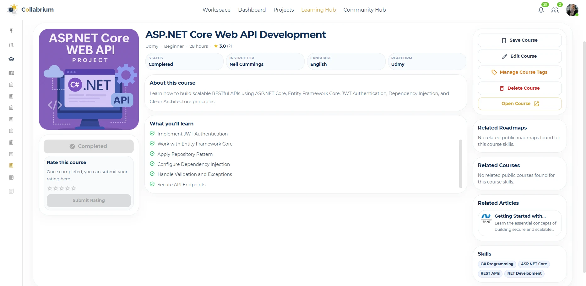 LearningHub / Detailed Course Manager View
