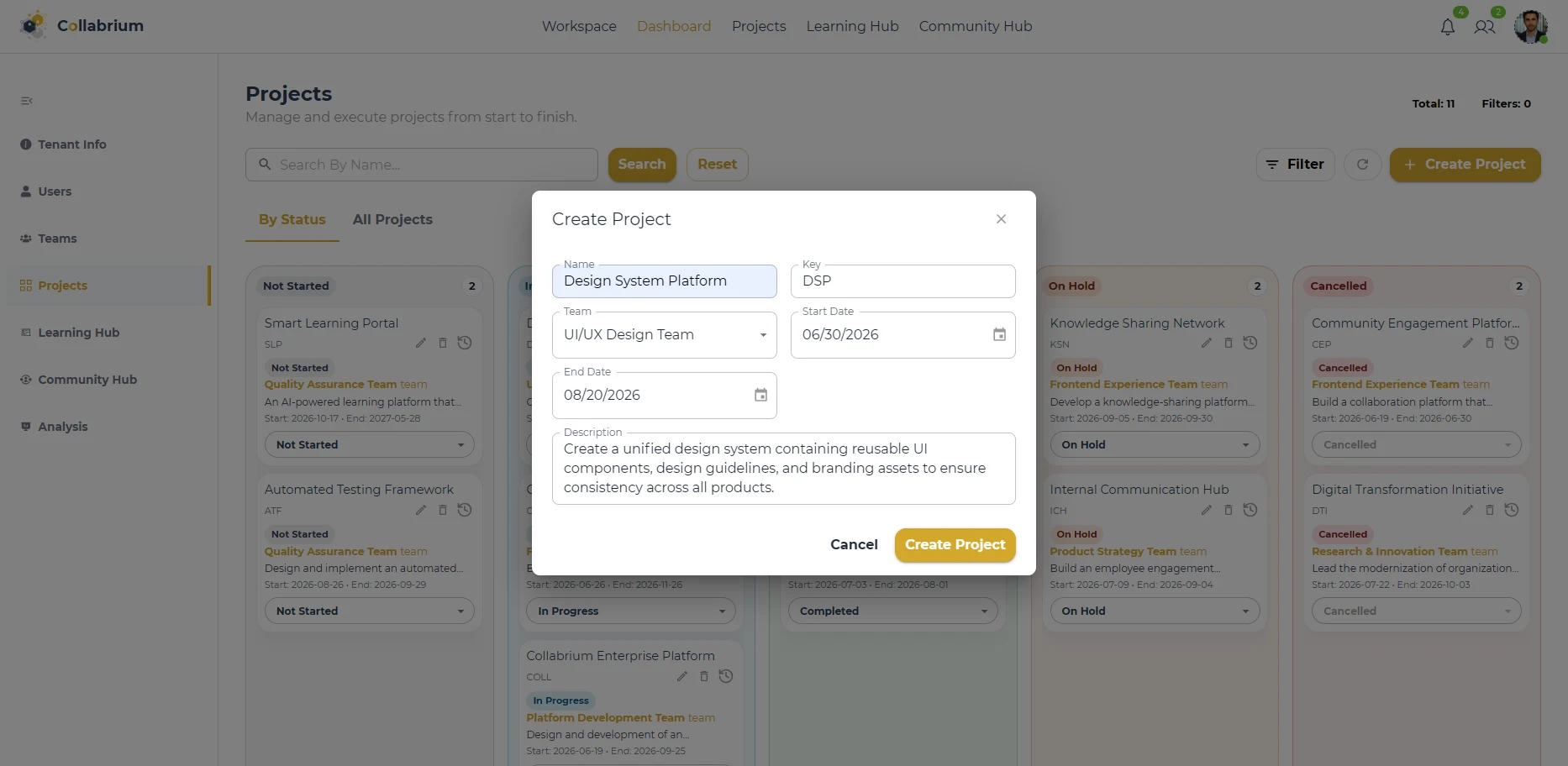 ProjectManagement / Create Project Dialog