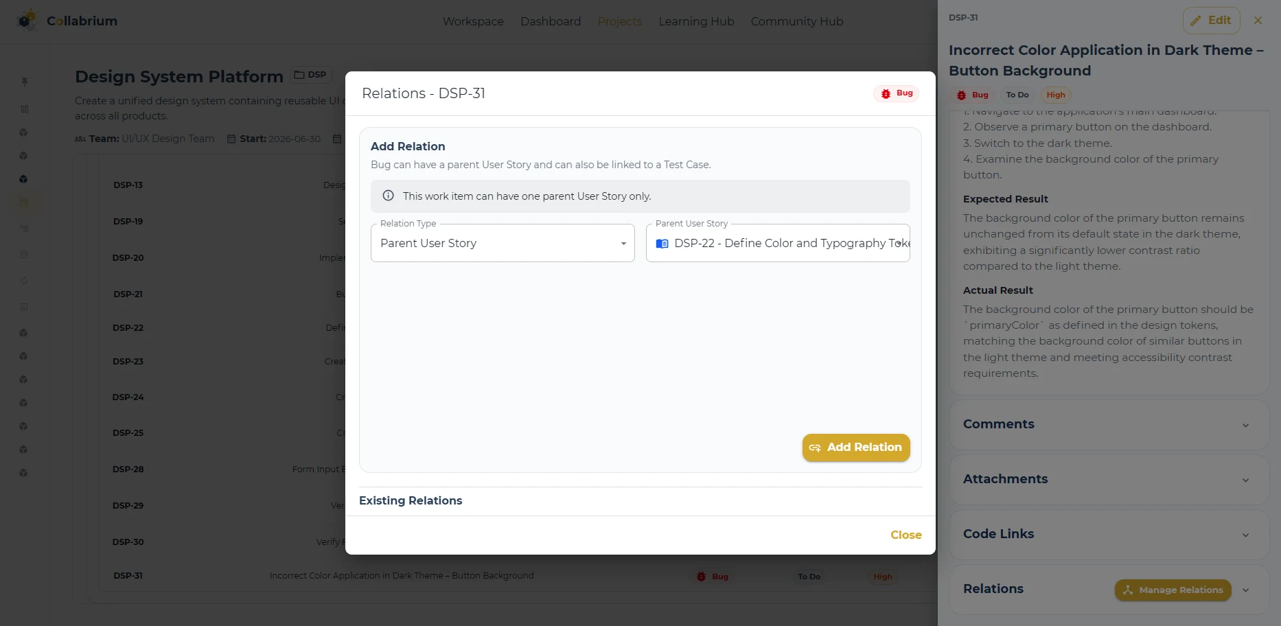 WorkItemManagement / Add Relation Dialog