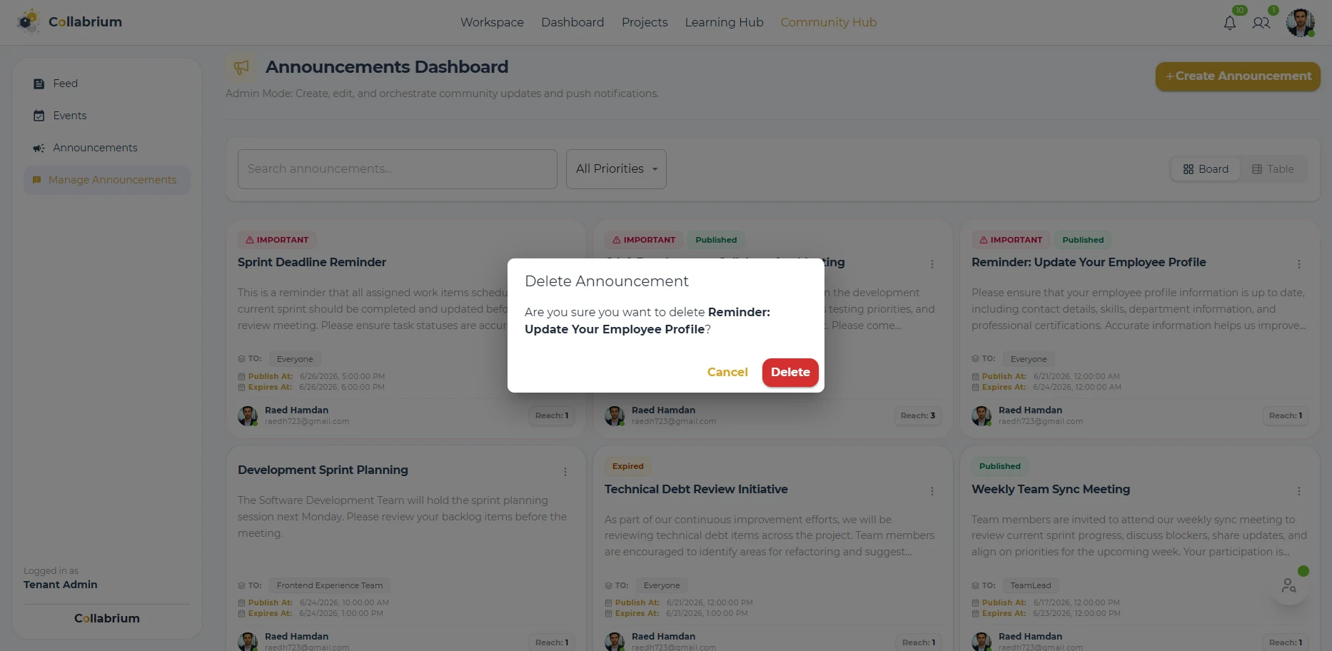 CommunityHub / Delete Announcement Confirm Dialog