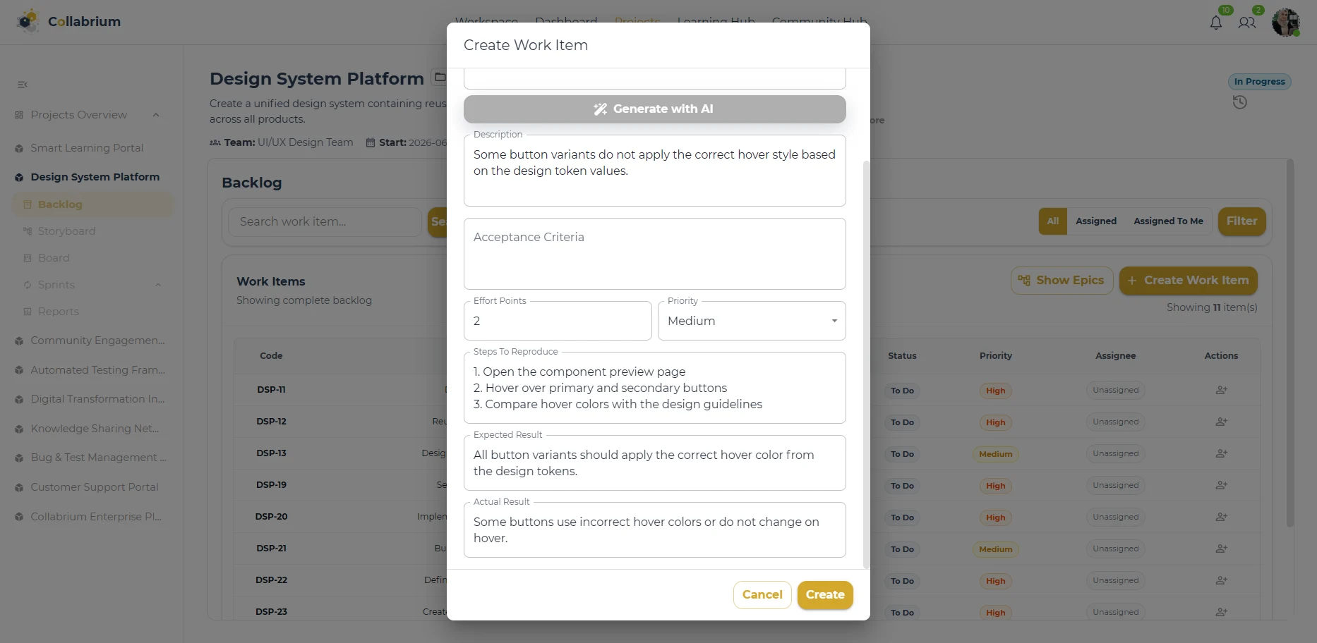 WorkItemManagement / QACreate Excution Work Item Dialog
