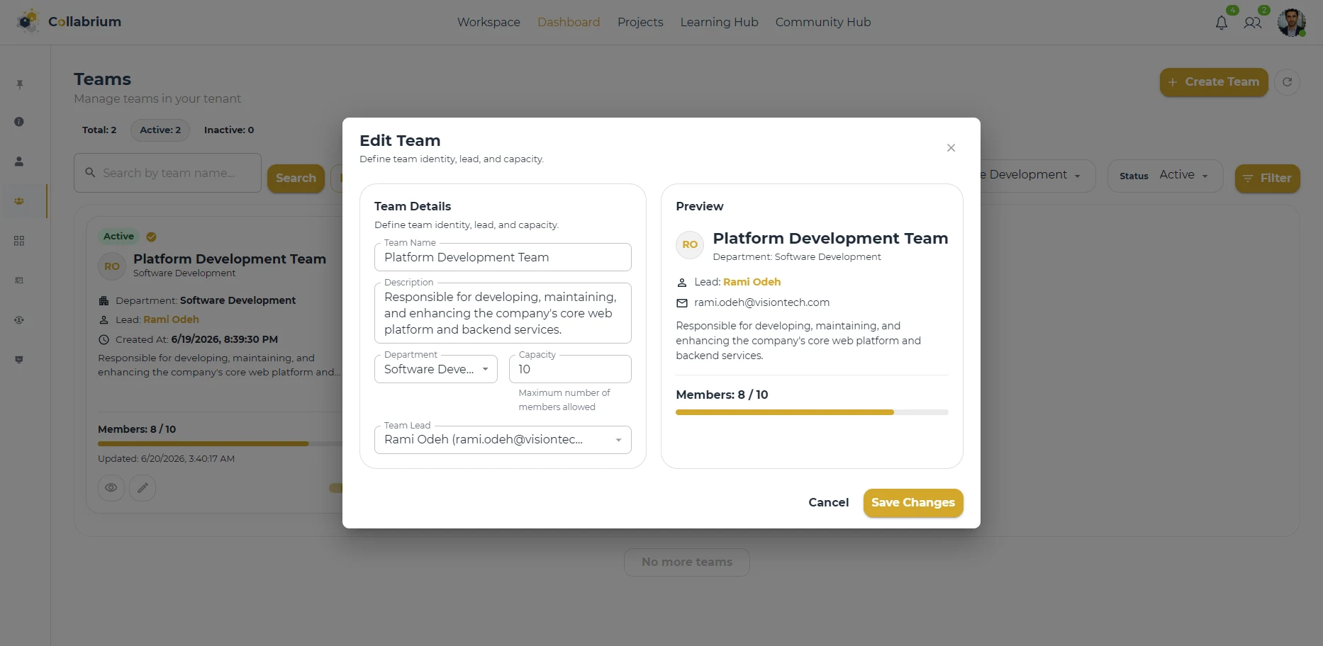 TeamManagement / Edit Team Dialog