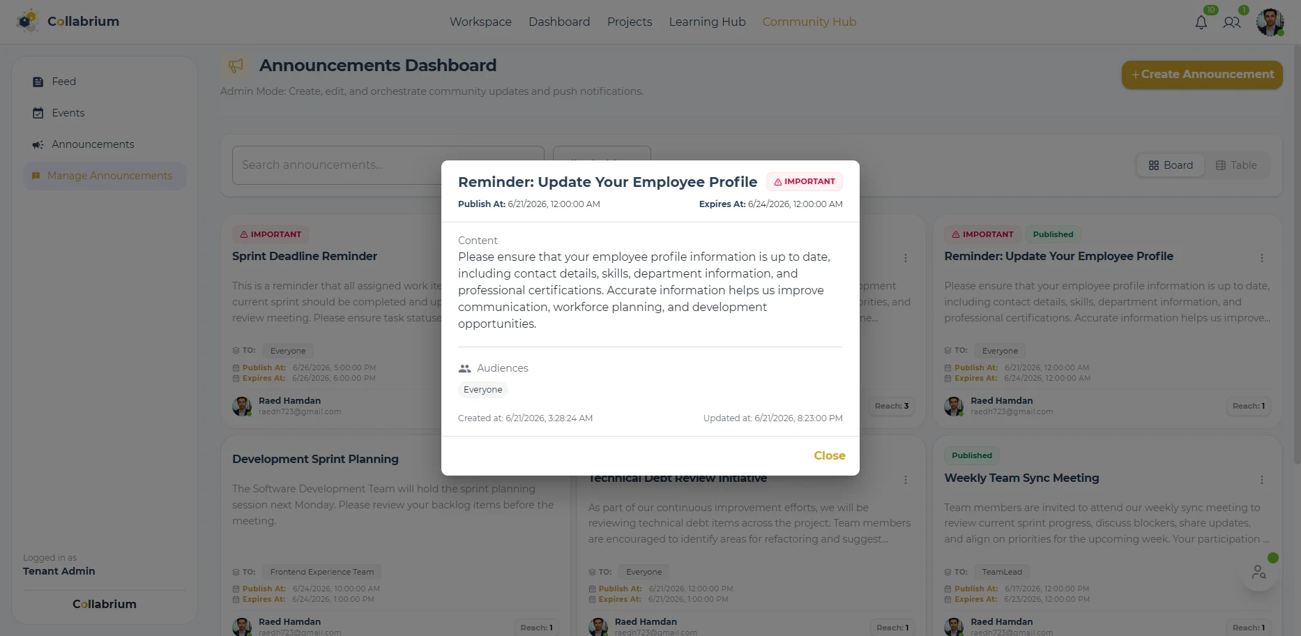 CommunityHub / Detailed Announcement Dialog