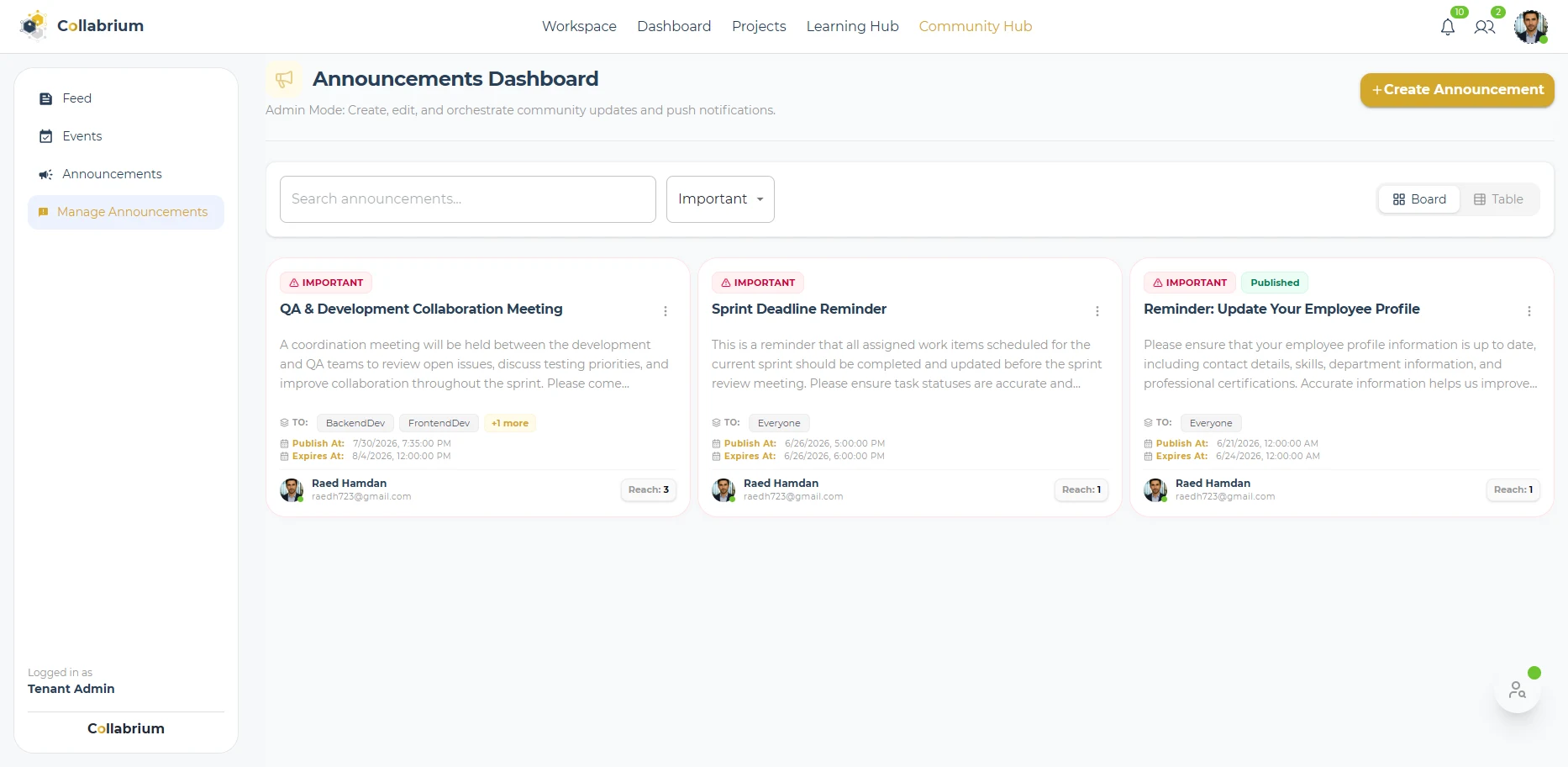 CommunityHub / Filter Announcement