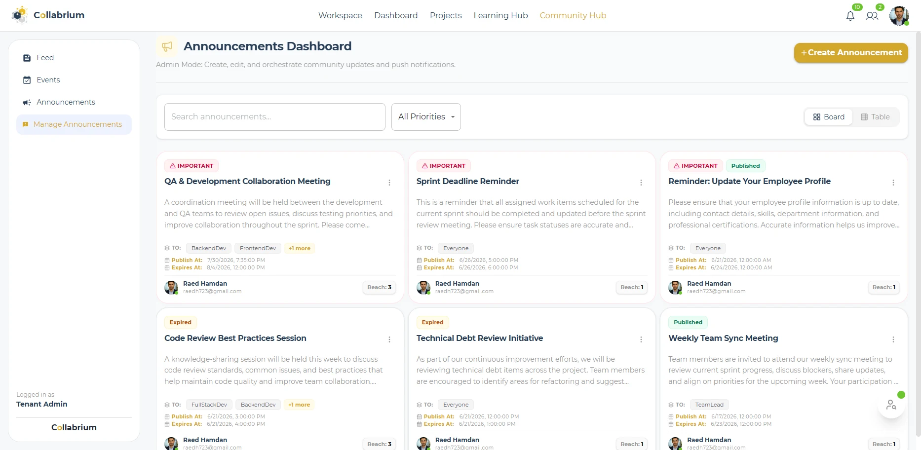 CommunityHub / Announcement Dashboard-Board View