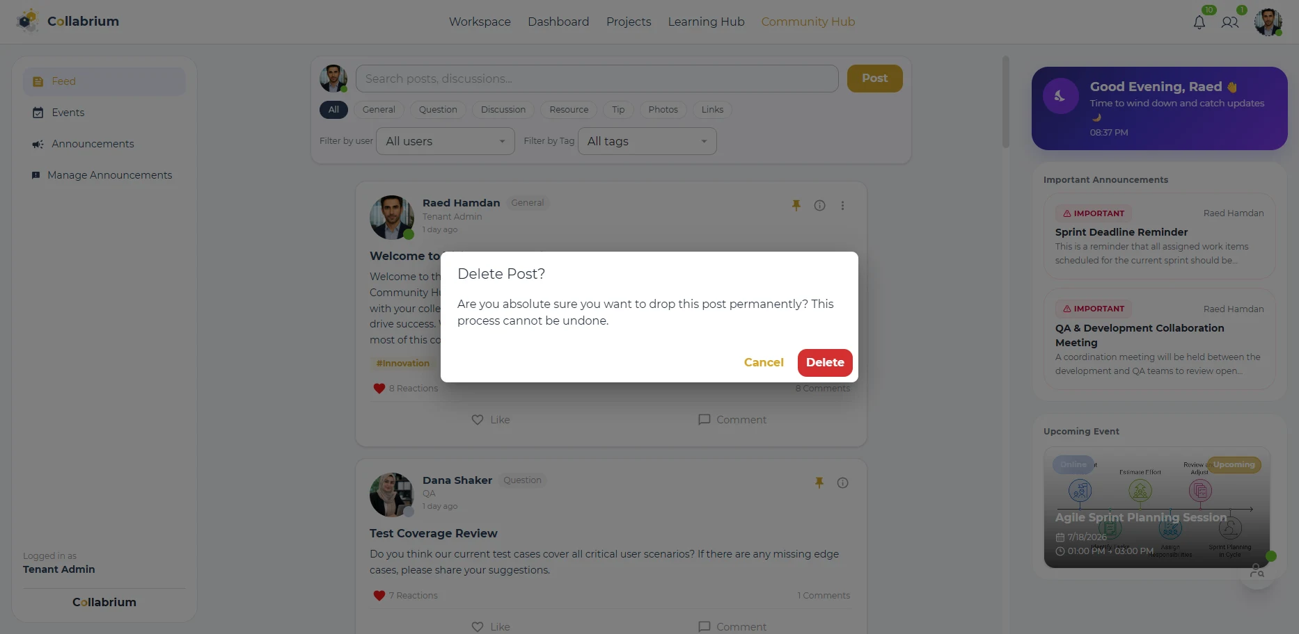 CommunityHub / Delete Post Confirm Dialog