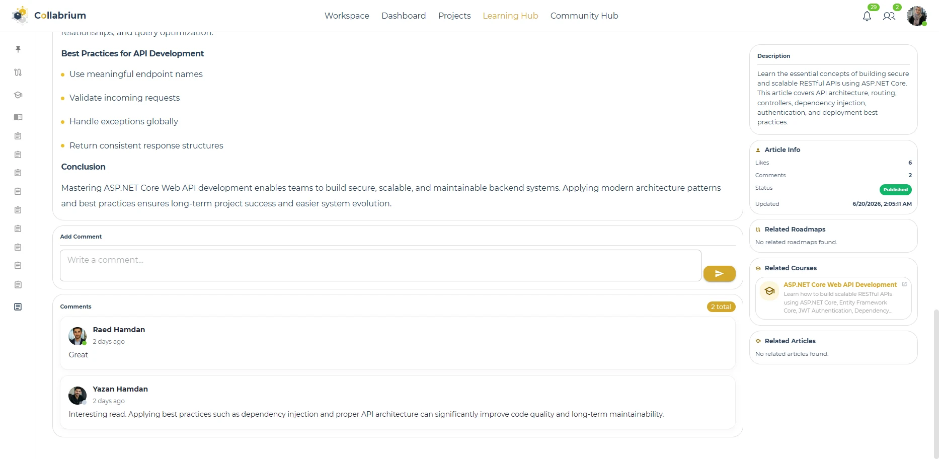 LearningHub / Article Comments Section