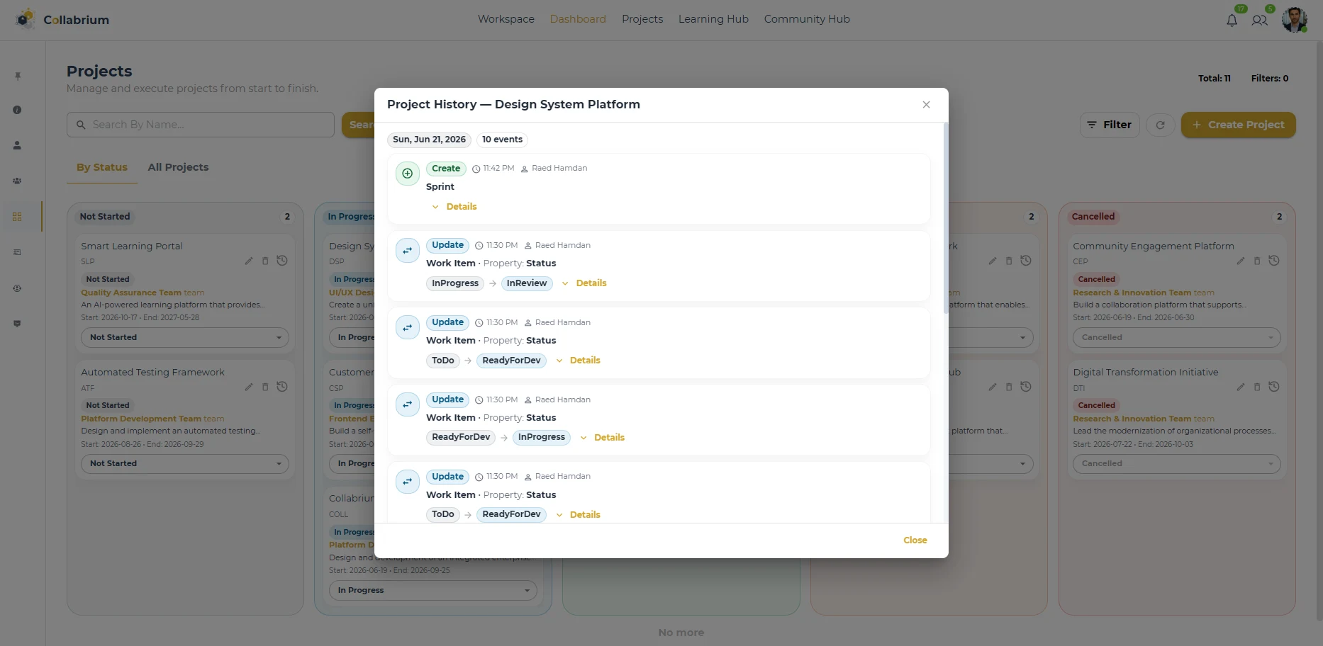 ProjectManagement / Project History Dialog