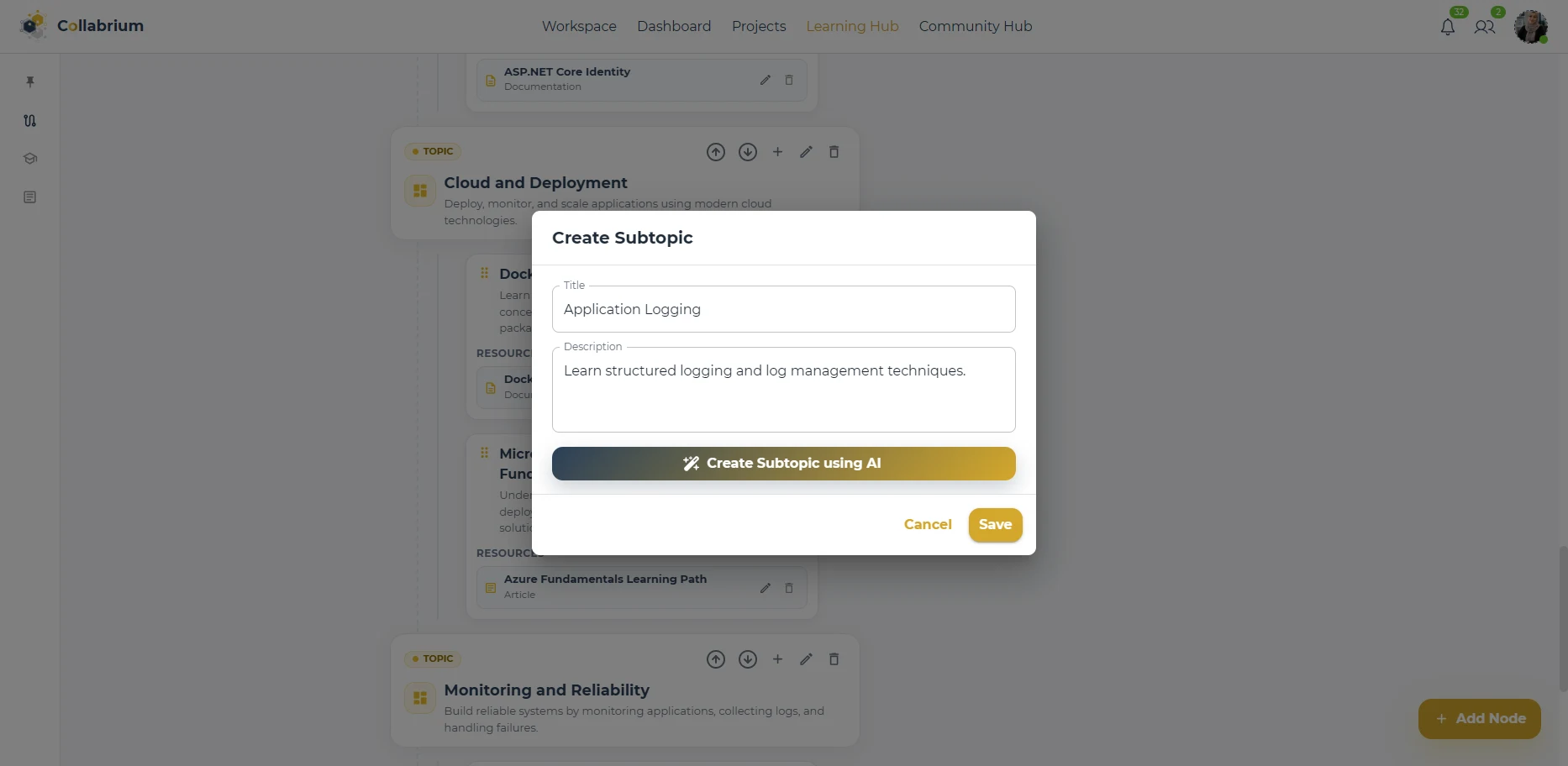 LearningHub / Create Sub Topic Dialog