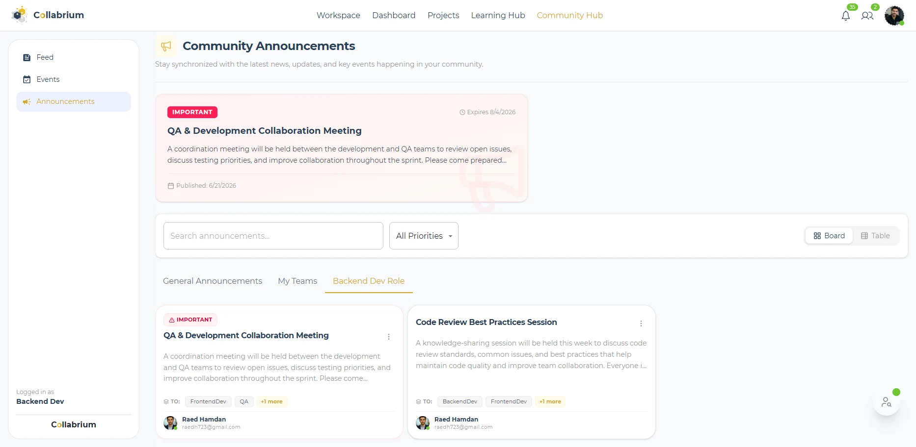 CommunityHub / Filtered Announcement
