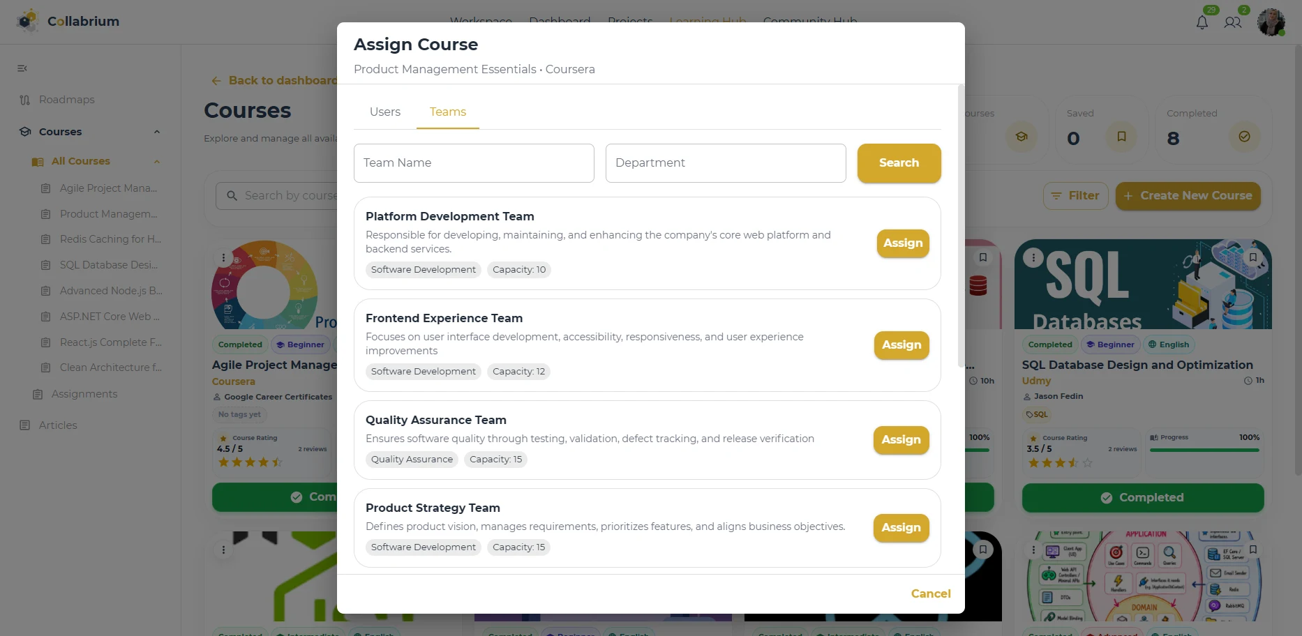 LearningHub / Assign Course To Team Dialog