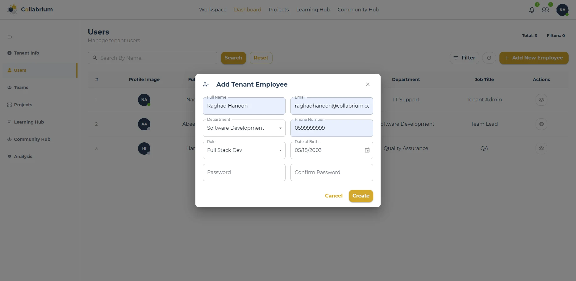 UsersManagement / tenant Admin Add Employee