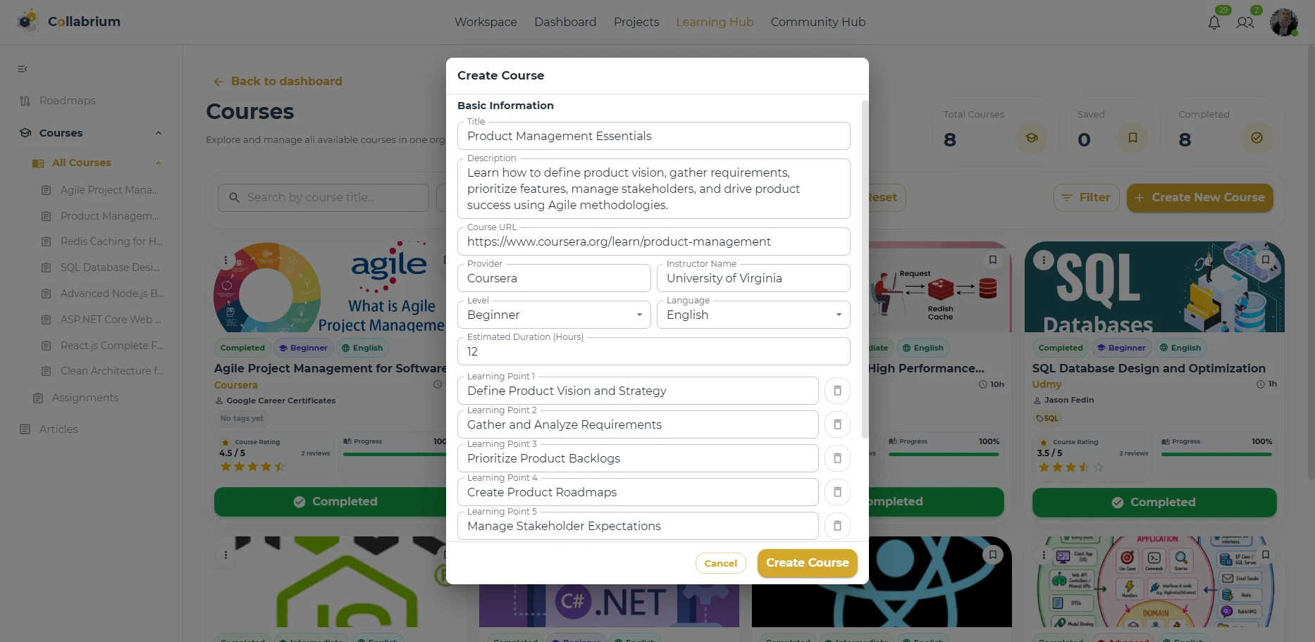 LearningHub / Create Course Dialog