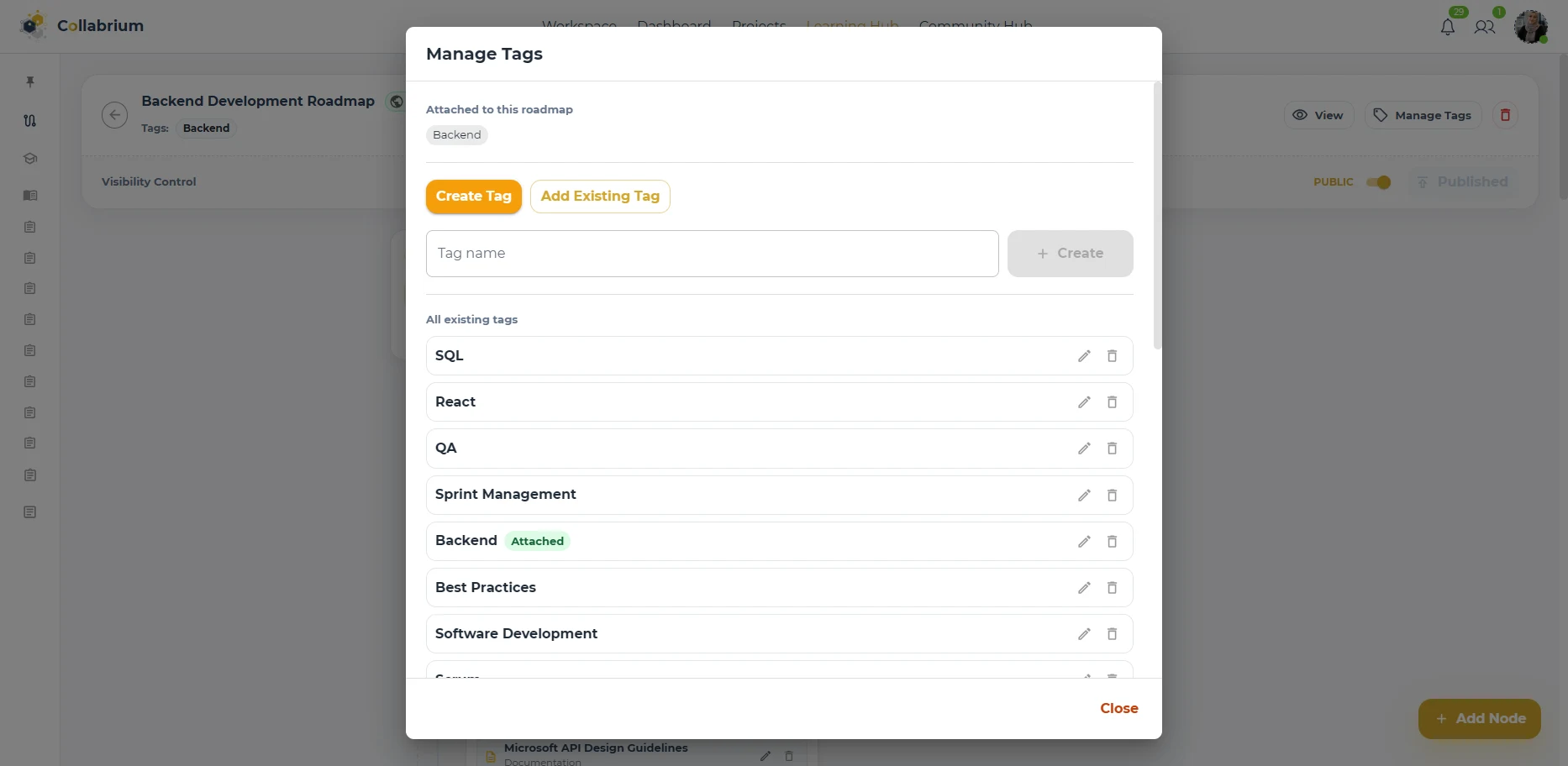LearningHub / Manage Roadmap Tags Dialog