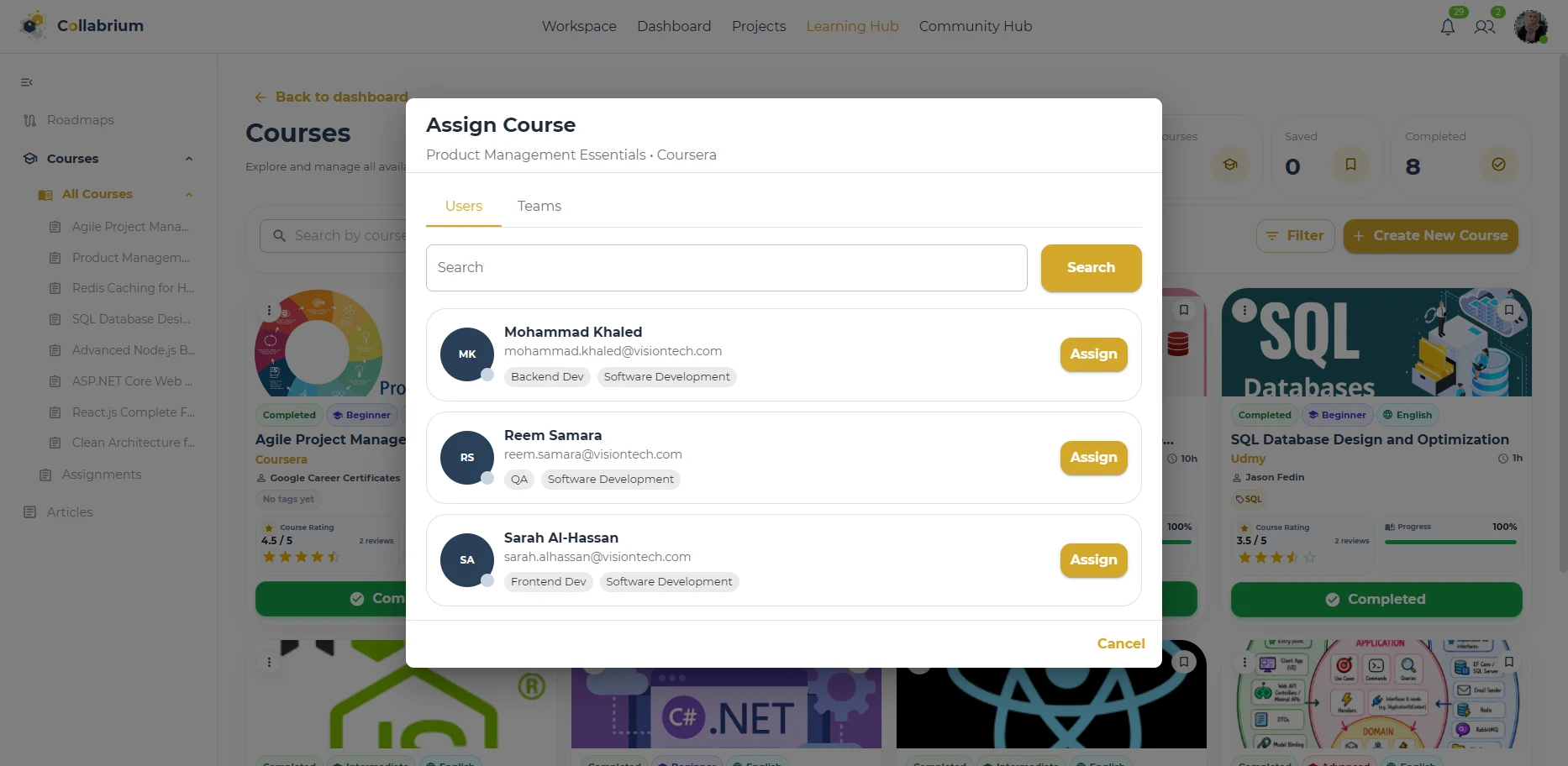 LearningHub / Assign Course To User Dialog