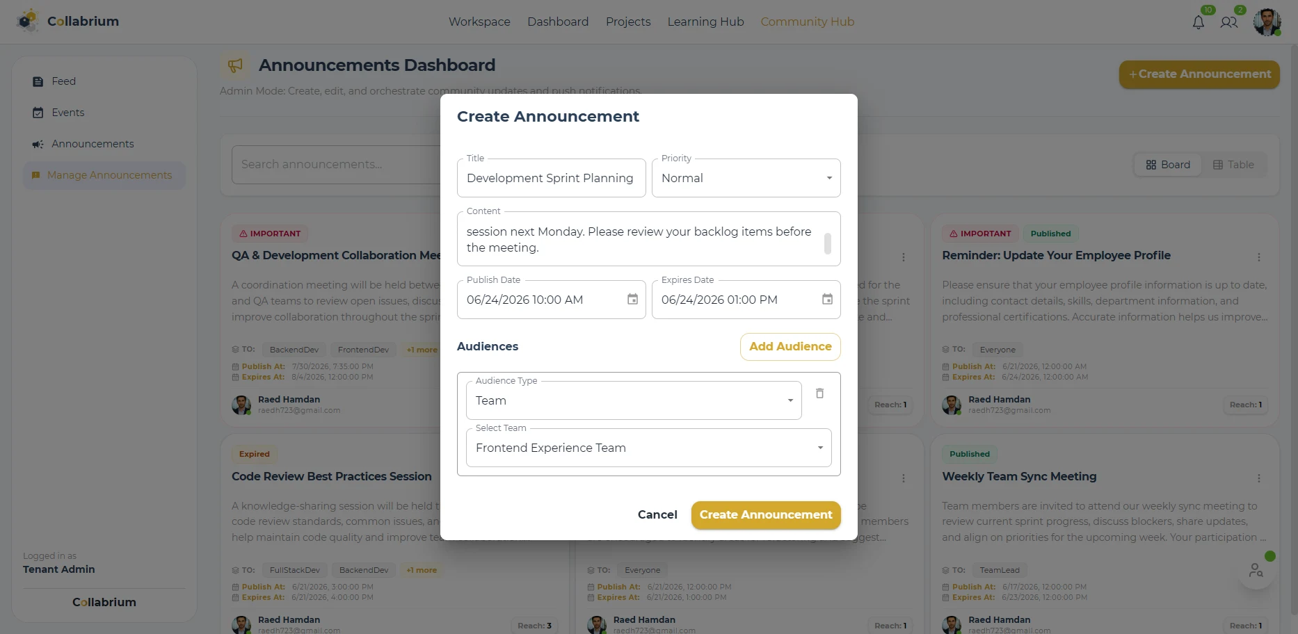 CommunityHub / Create Announcement Dialog